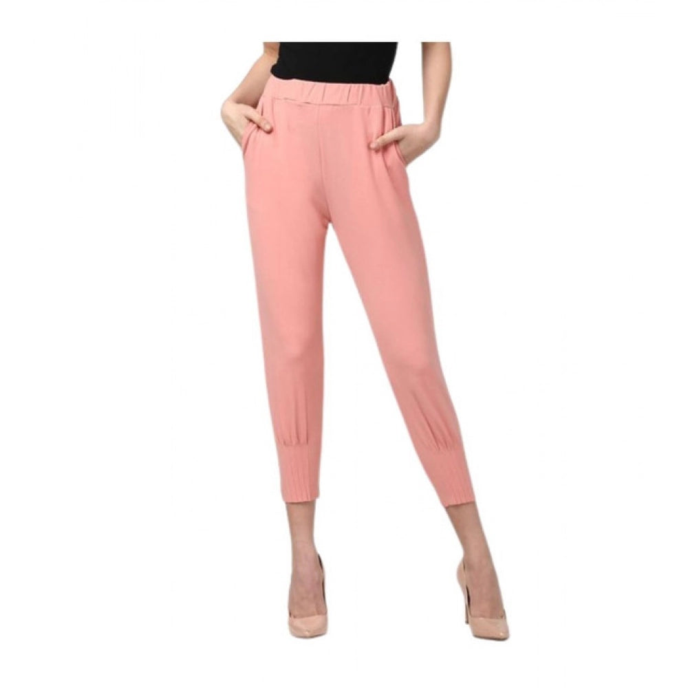Amfyn Women's Polyester Solid Elasticated Trousers (Pink)