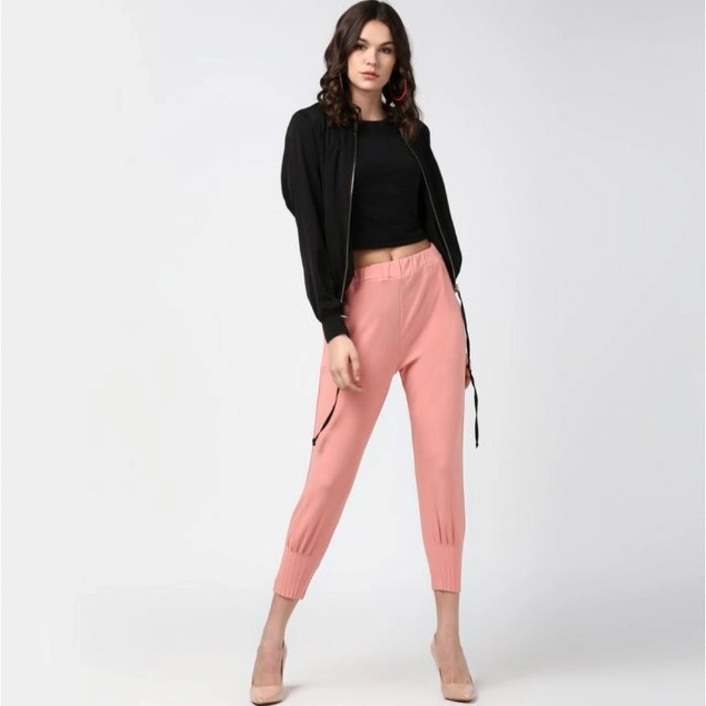 Amfyn Women's Polyester Solid Elasticated Trousers (Pink)