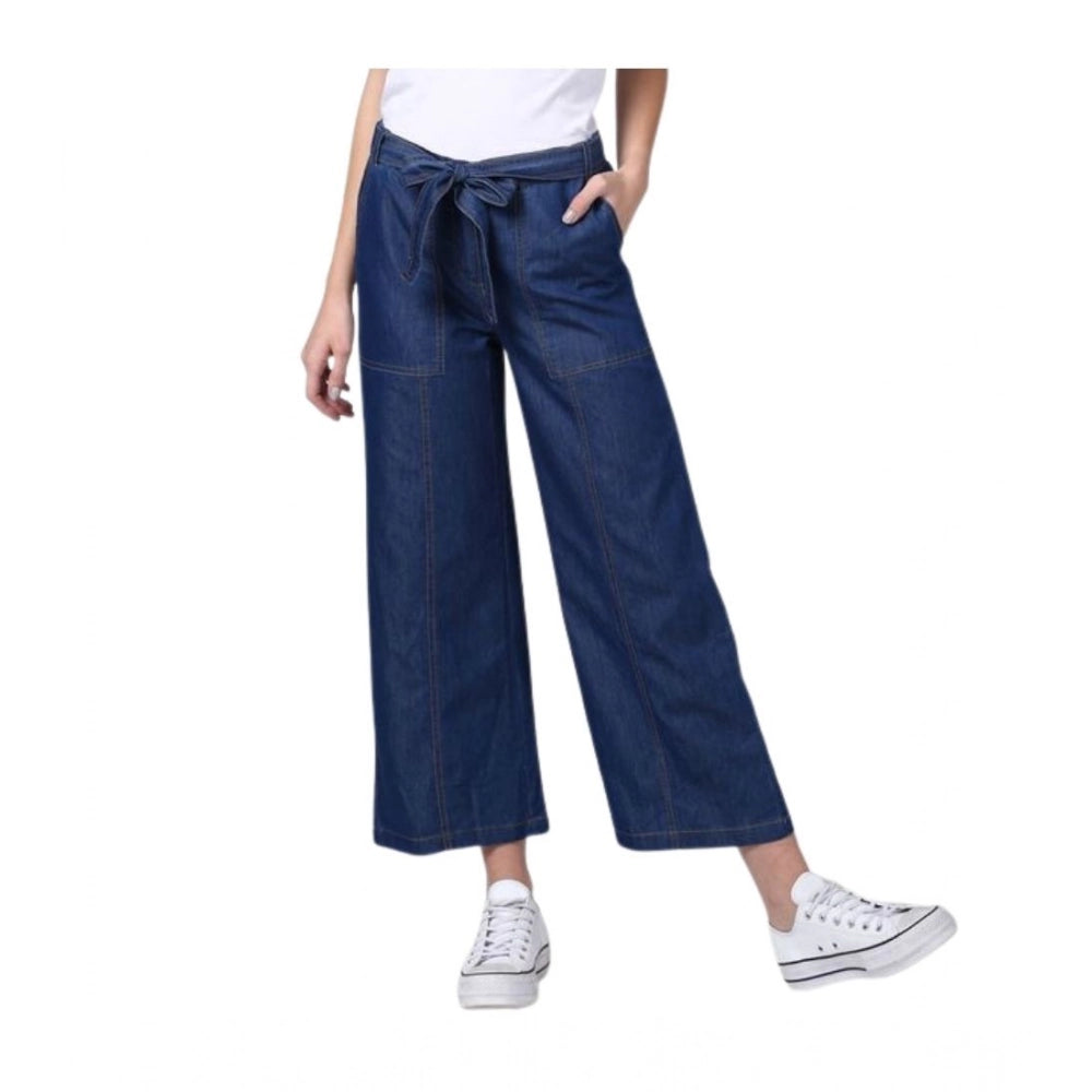 Amfyn Women's Denim Solid Elasticated Trousers (Blue)