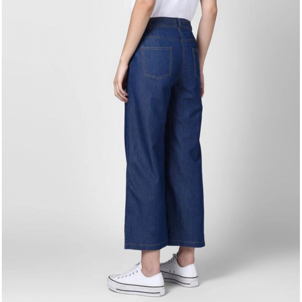 Amfyn Women's Denim Solid Elasticated Trousers (Blue)