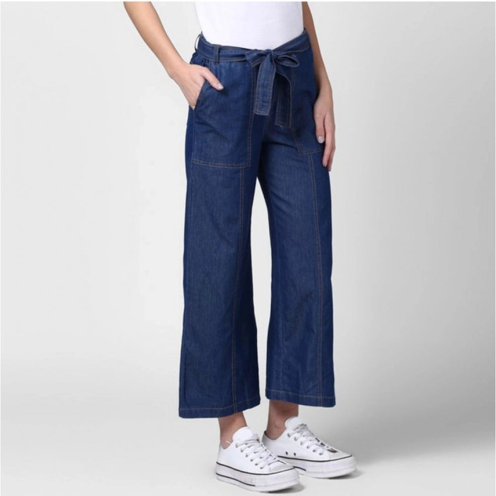 Amfyn Women's Denim Solid Elasticated Trousers (Blue)