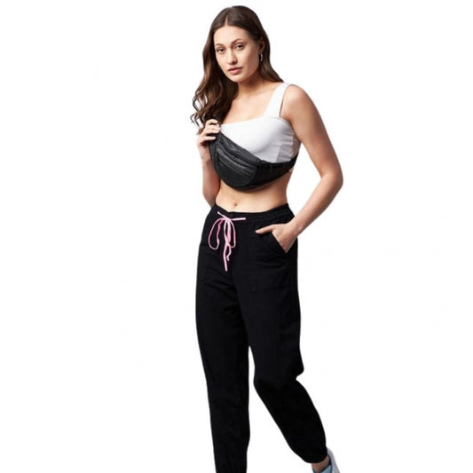 Amfyn Women's Cotton Twill Solid Elasticated Trousers (Black)