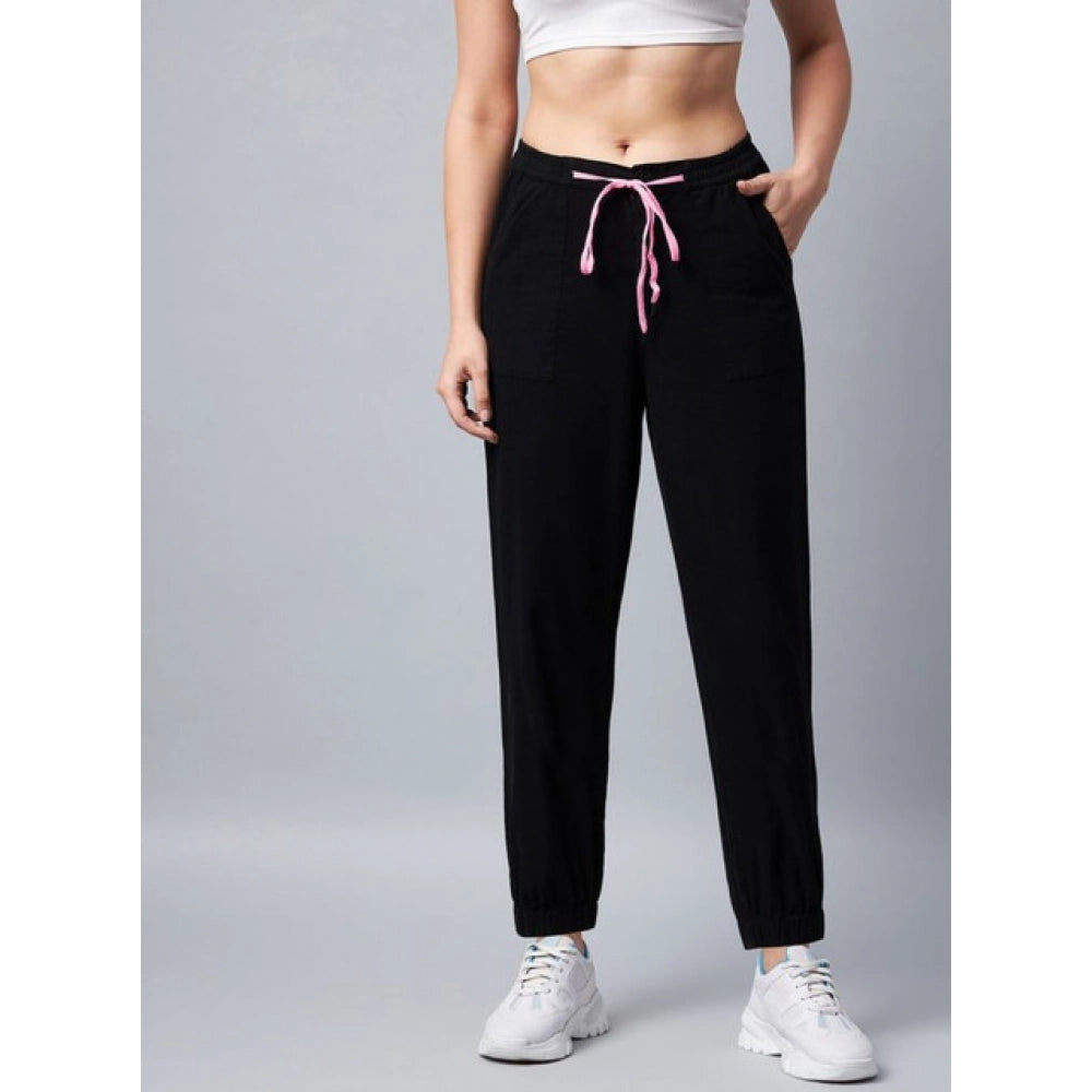 Amfyn Women's Cotton Twill Solid Elasticated Trousers (Black)