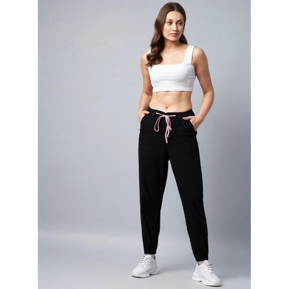 Amfyn Women's Cotton Twill Solid Elasticated Trousers (Black)