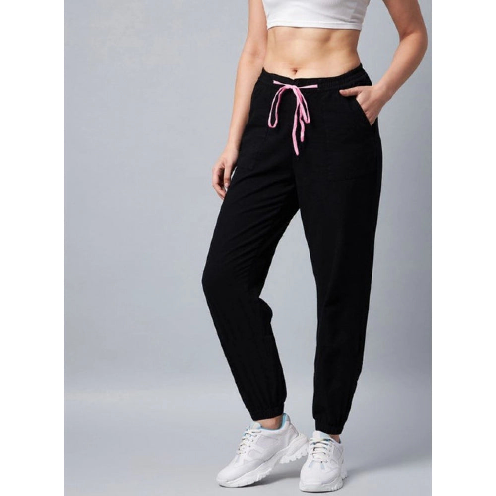 Amfyn Women's Cotton Twill Solid Elasticated Trousers (Black)