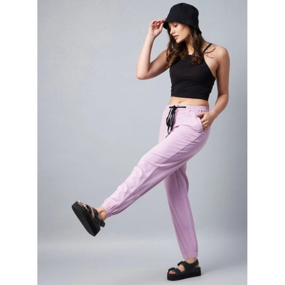 Amfyn Women's Coton Twill Solid Elasticated Trousers (Lavender)