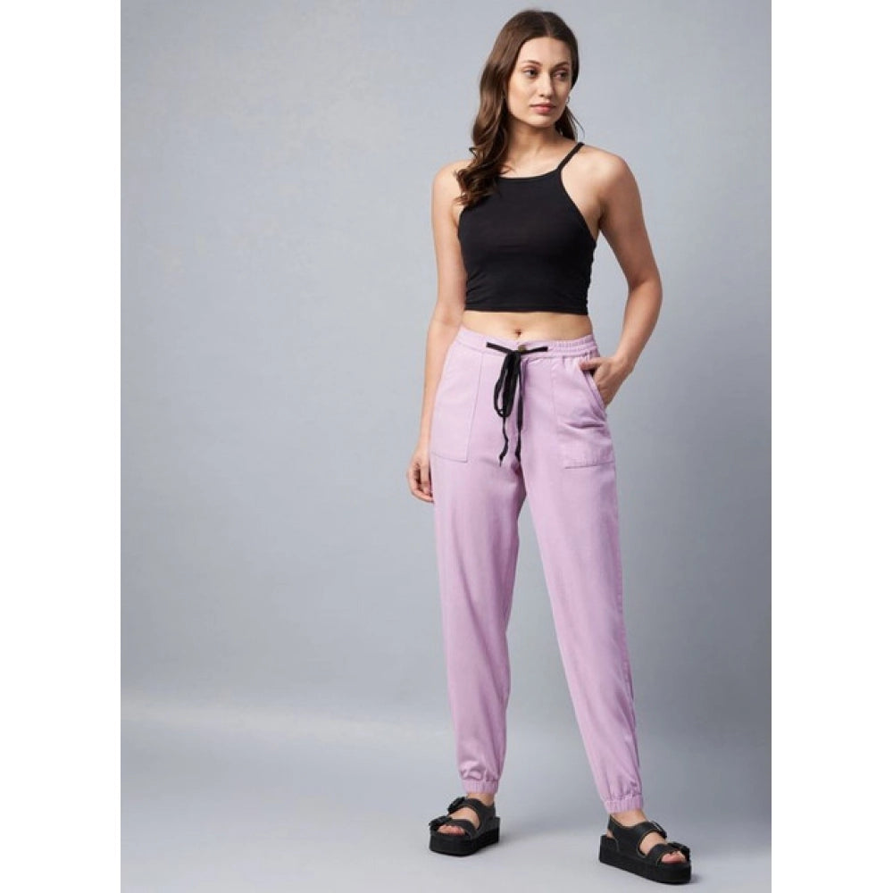 Amfyn Women's Coton Twill Solid Elasticated Trousers (Lavender)