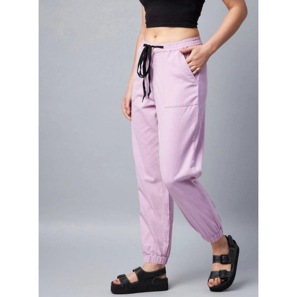 Amfyn Women's Coton Twill Solid Elasticated Trousers (Lavender)