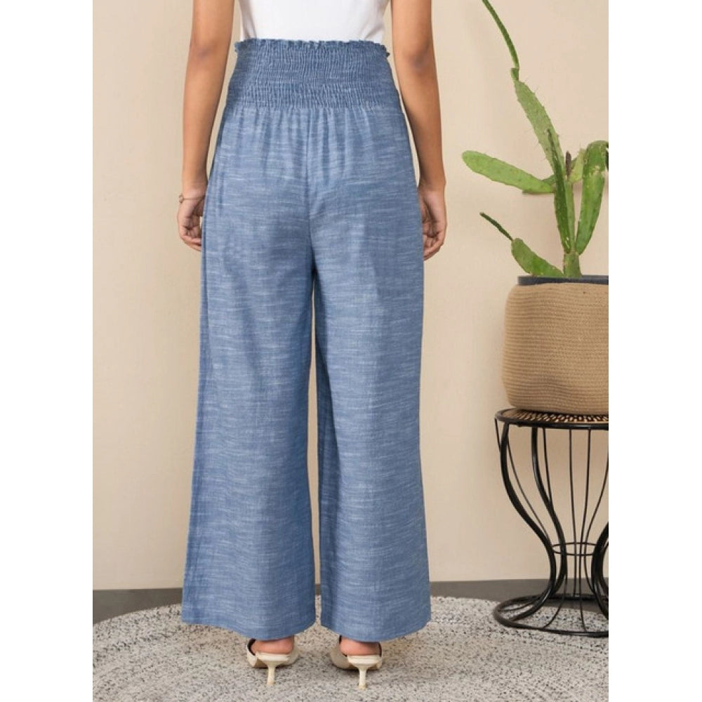Amfyn Women's Cotton Self Design Smocked Trousers (Blue)