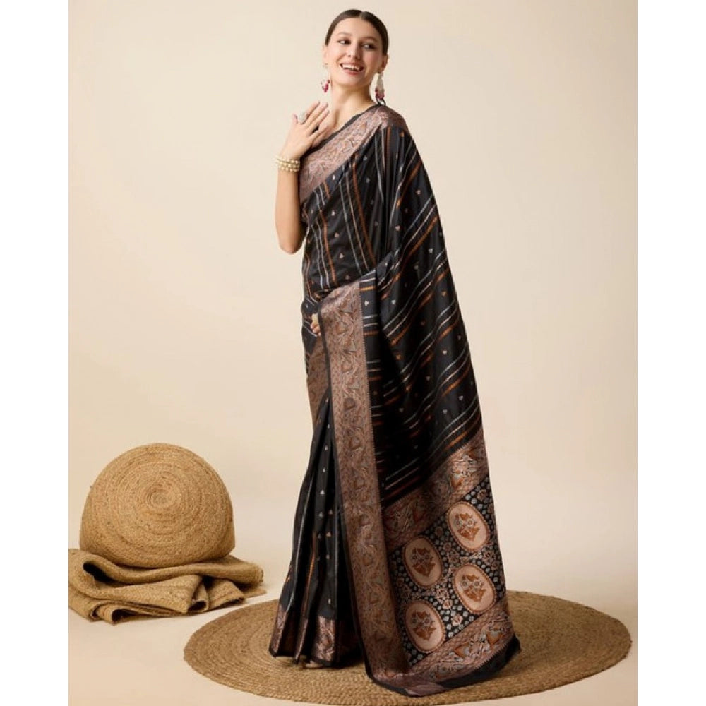 Amfyn Women's Soft Silk Jacquard Saree With Unstitched Blouse 5.5Mtr (Black)