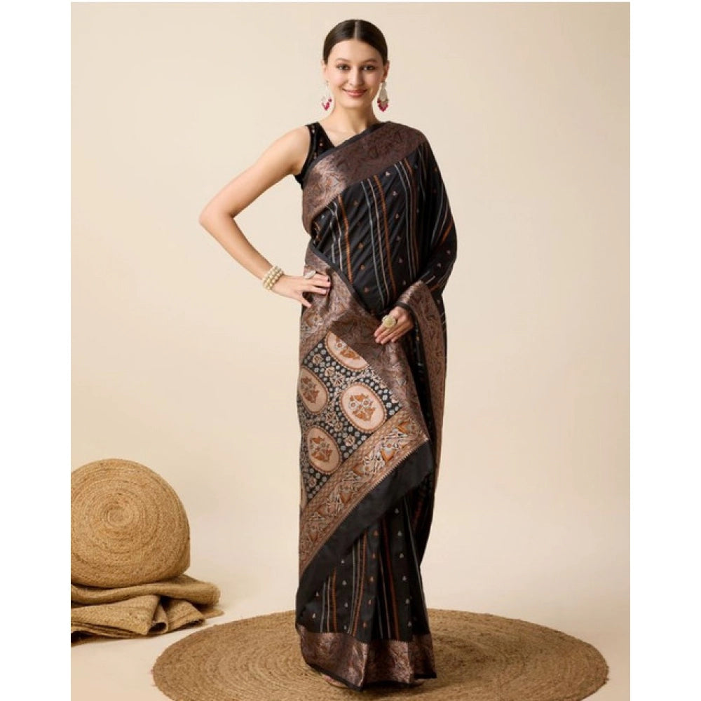 Amfyn Women's Soft Silk Jacquard Saree With Unstitched Blouse 5.5Mtr (Black)