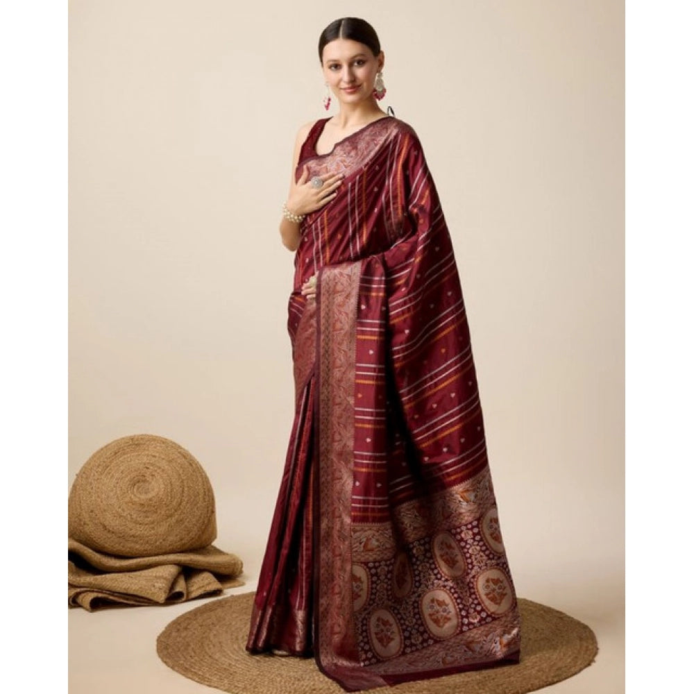 Amfyn Women's Soft Silk Jacquard Saree With Unstitched Blouse 5.5Mtr (Maroon)