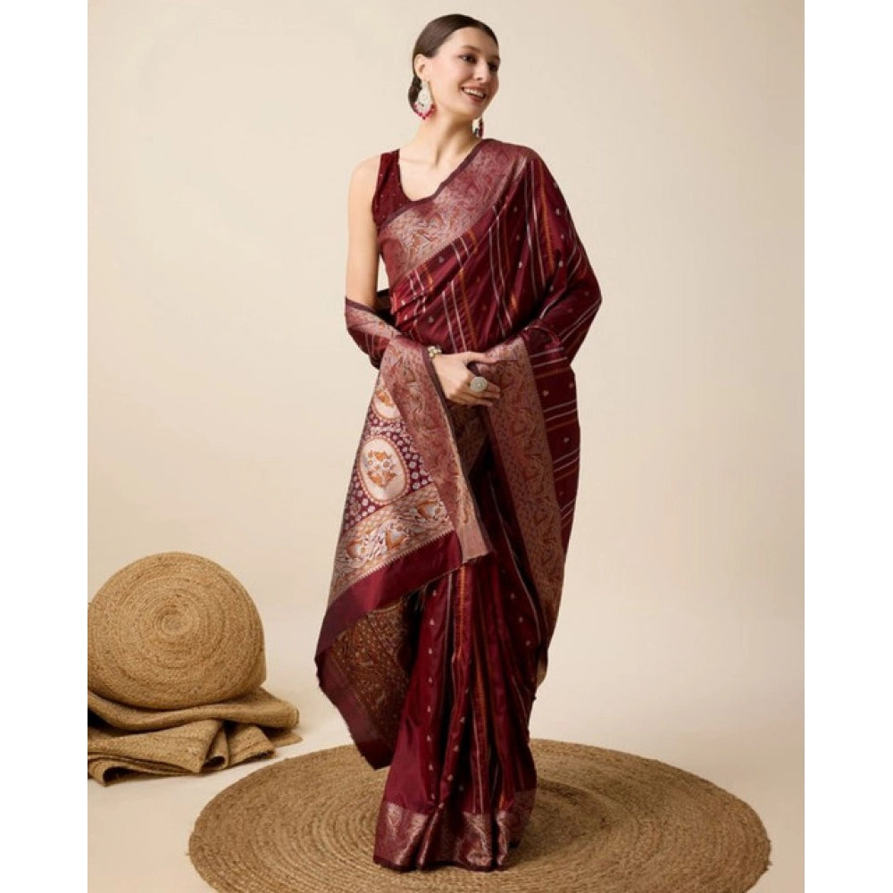 Amfyn Women's Soft Silk Jacquard Saree With Unstitched Blouse 5.5Mtr (Maroon)