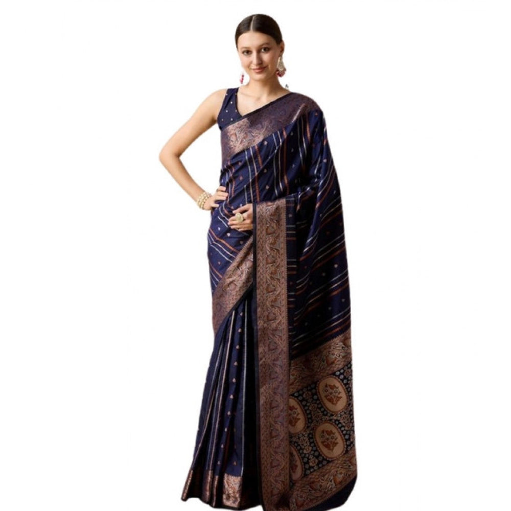 Amfyn Women's Soft Silk Jacquard Saree With Unstitched Blouse 5.5Mtr (Navy)