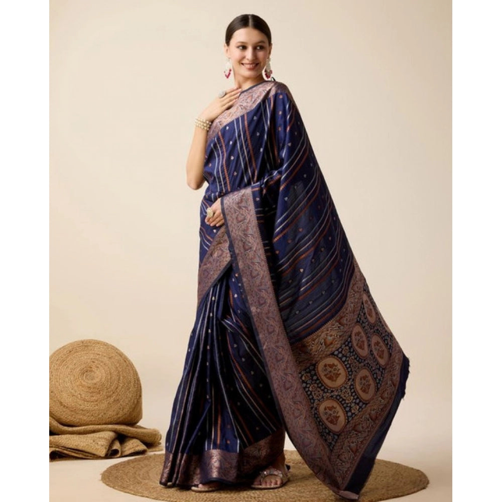 Amfyn Women's Soft Silk Jacquard Saree With Unstitched Blouse 5.5Mtr (Navy)