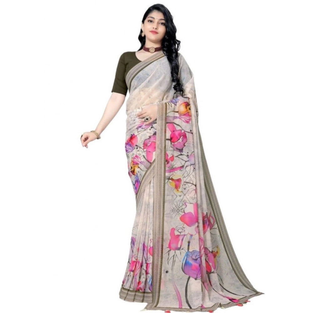Amfyn Women's Georgette Floral Printed Saree With Unstitched Blouse 5.5Mtr (Beige)