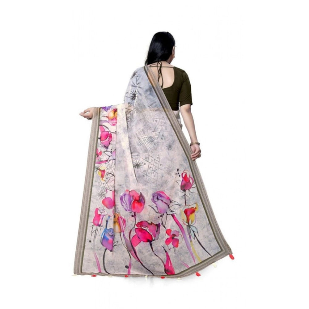 Amfyn Women's Georgette Floral Printed Saree With Unstitched Blouse 5.5Mtr (Beige)