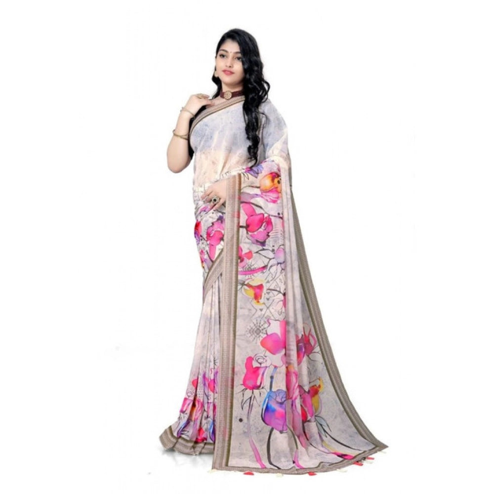 Amfyn Women's Georgette Floral Printed Saree With Unstitched Blouse 5.5Mtr (Beige)