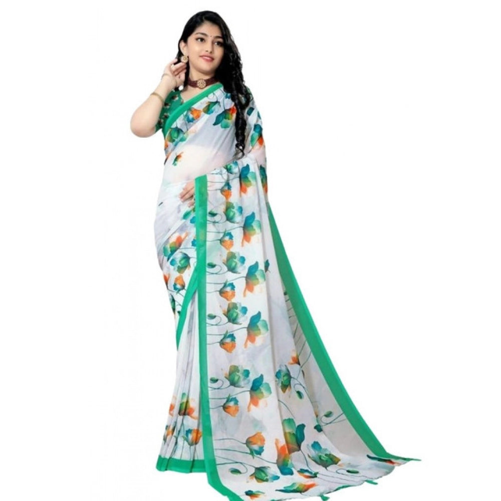 Amfyn Women's Georgette Floral Printed Saree With Unstitched Blouse 5.5Mtr (Green)