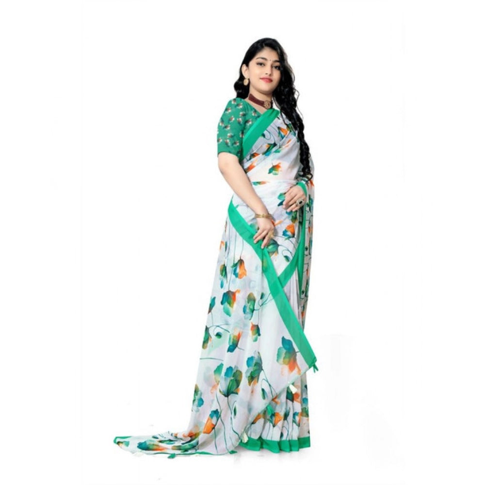 Amfyn Women's Georgette Floral Printed Saree With Unstitched Blouse 5.5Mtr (Green)