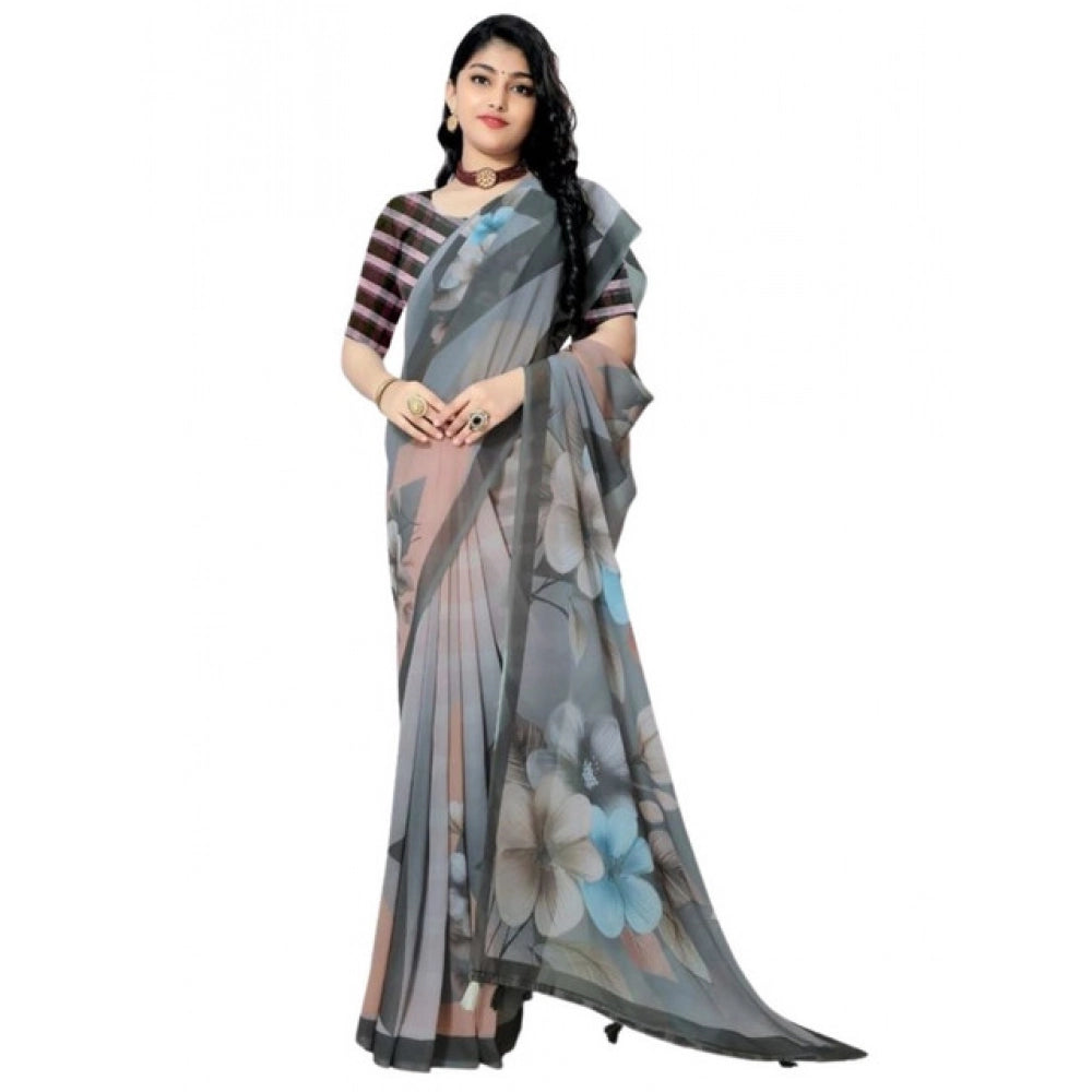 Amfyn Women's Georgette Floral Printed Saree With Unstitched Blouse 5.5Mtr (Grey)