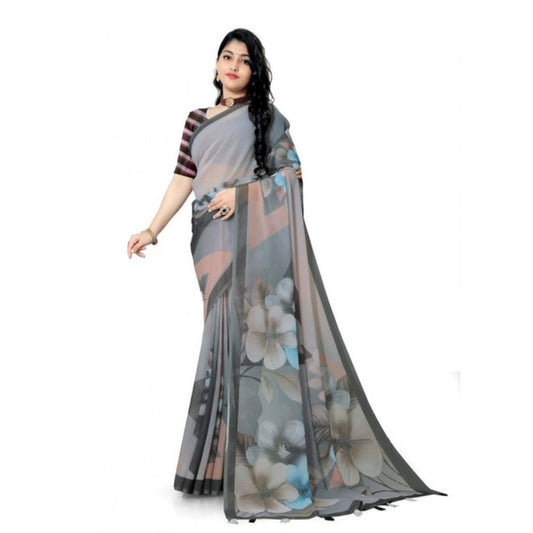 Amfyn Women's Georgette Floral Printed Saree With Unstitched Blouse 5.5Mtr (Grey)