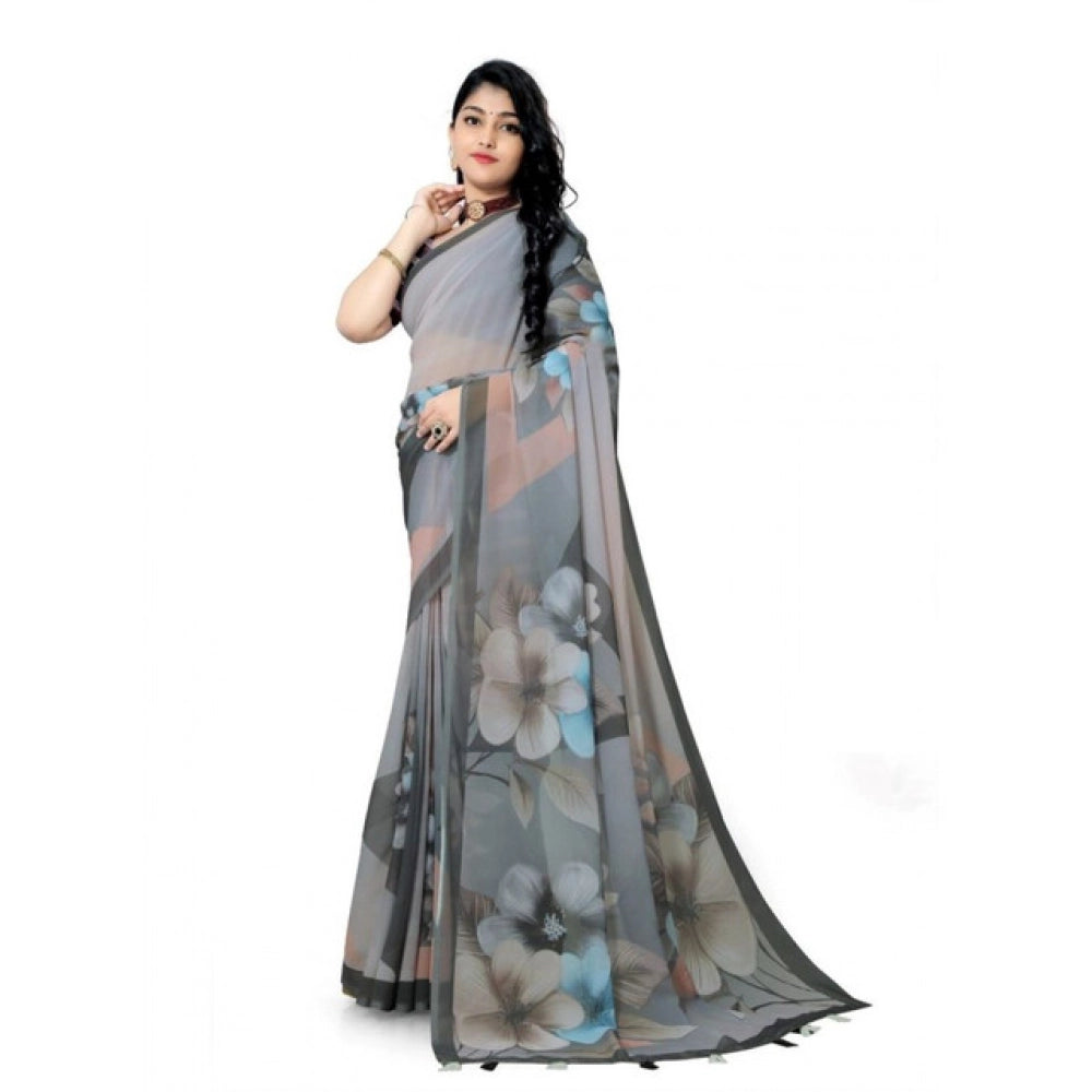 Amfyn Women's Georgette Floral Printed Saree With Unstitched Blouse 5.5Mtr (Grey)