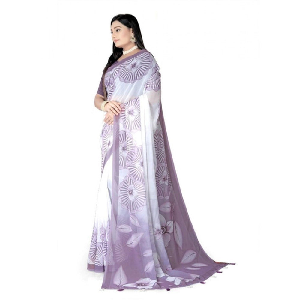Amfyn Women's Georgette Floral Printed Saree With Unstitched Blouse 5.5Mtr (Lavender)