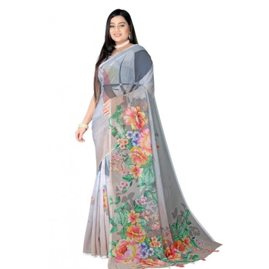 Amfyn Women's Georgette Floral Printed Saree With Unstitched Blouse 5.5Mtr (Grey)