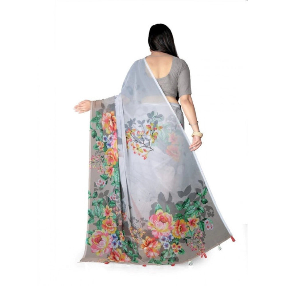 Amfyn Women's Georgette Floral Printed Saree With Unstitched Blouse 5.5Mtr (Grey)