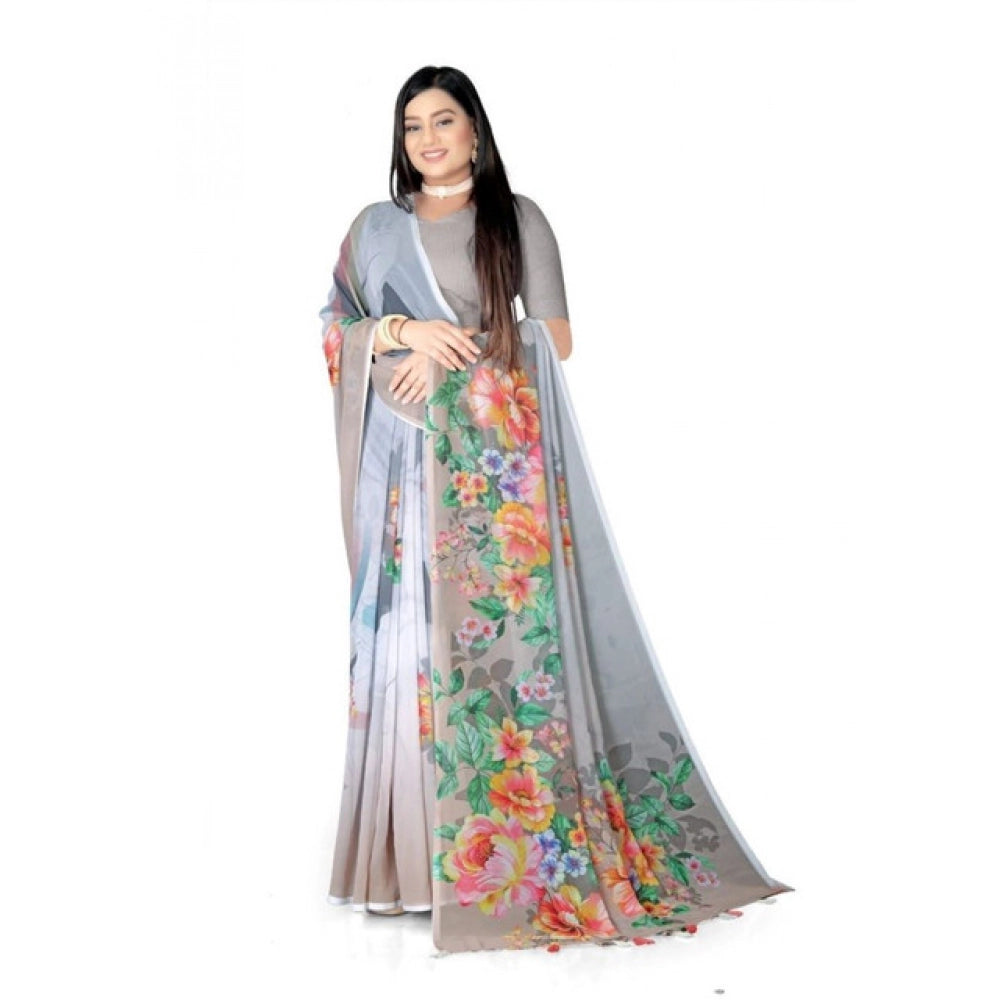 Amfyn Women's Georgette Floral Printed Saree With Unstitched Blouse 5.5Mtr (Grey)