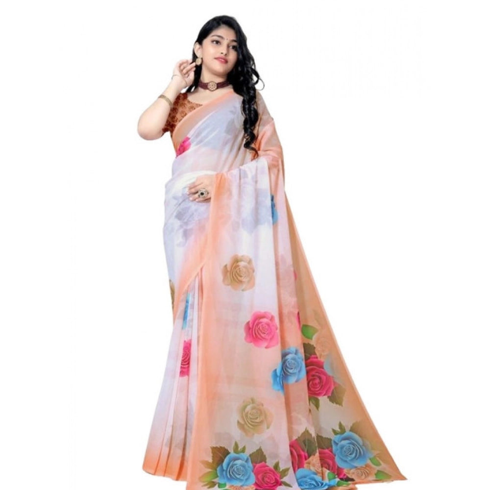 Amfyn Women's Georgette Floral Printed Saree With Unstitched Blouse 5.5Mtr (Orange)