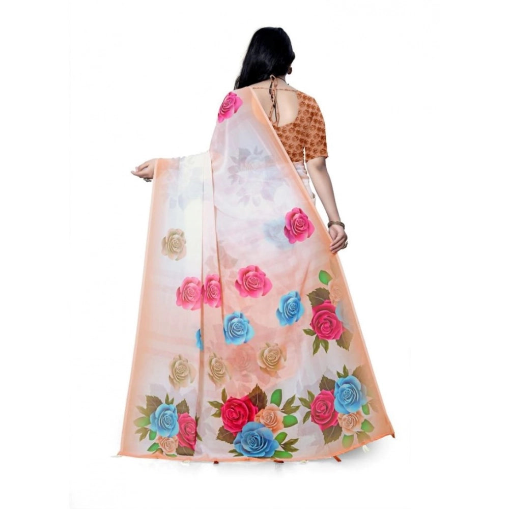 Amfyn Women's Georgette Floral Printed Saree With Unstitched Blouse 5.5Mtr (Orange)