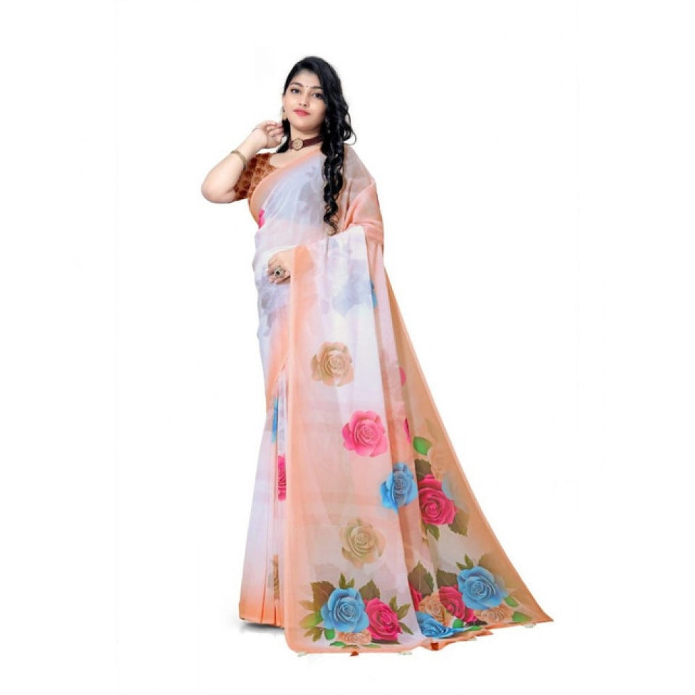 Amfyn Women's Georgette Floral Printed Saree With Unstitched Blouse 5.5Mtr (Orange)