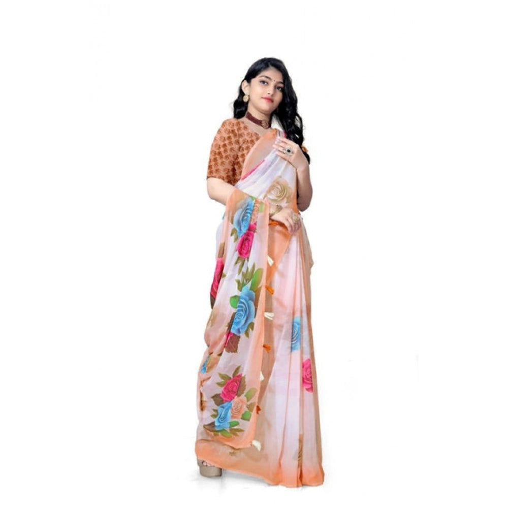 Amfyn Women's Georgette Floral Printed Saree With Unstitched Blouse 5.5Mtr (Orange)