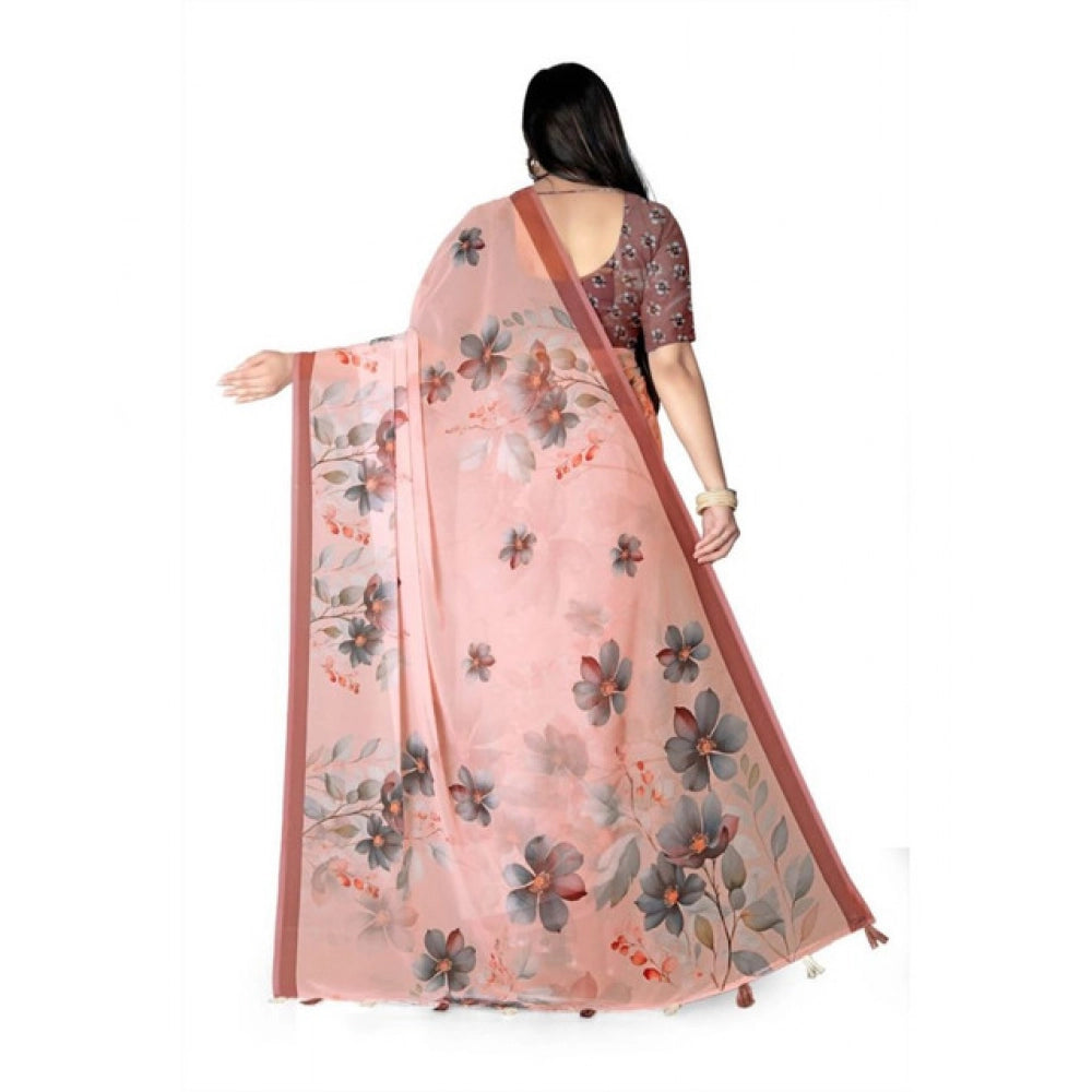 Amfyn Women's Georgette Floral Printed Saree With Unstitched Blouse 5.5Mtr (Peach)