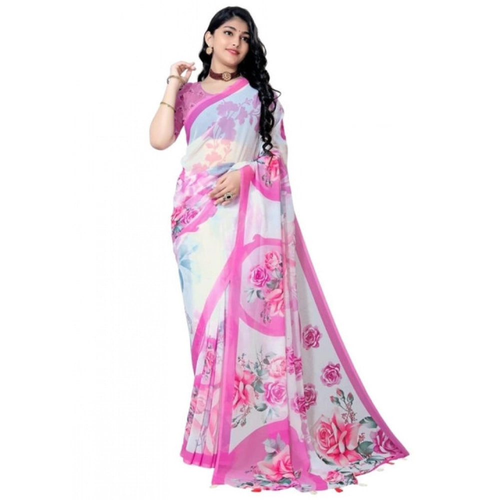 Amfyn Women's Georgette Floral Printed Saree With Unstitched Blouse 5.5Mtr (Pink)