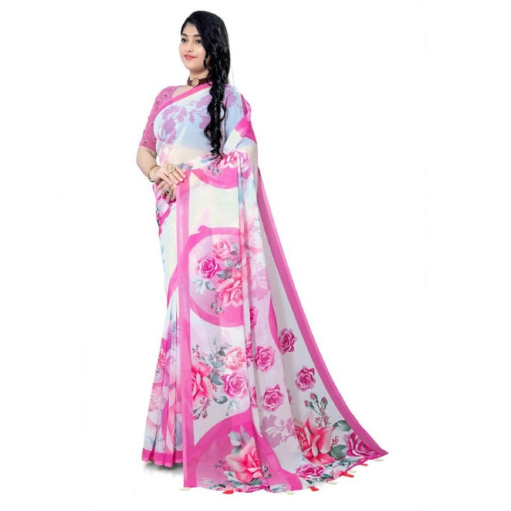 Amfyn Women's Georgette Floral Printed Saree With Unstitched Blouse 5.5Mtr (Pink)
