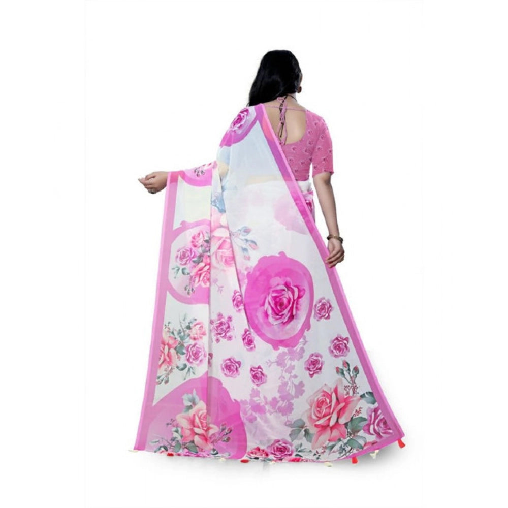 Amfyn Women's Georgette Floral Printed Saree With Unstitched Blouse 5.5Mtr (Pink)