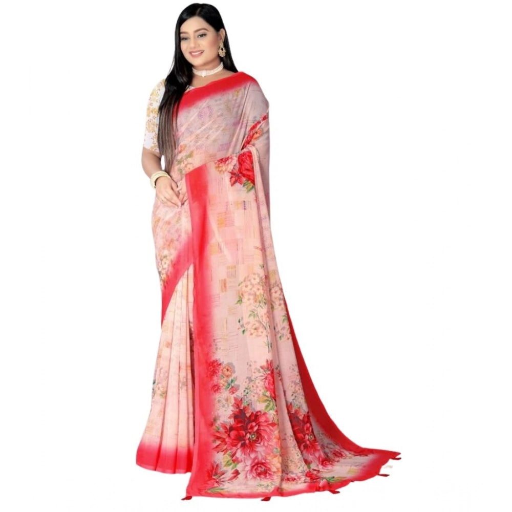 Amfyn Women's Georgette Floral Printed Saree With Unstitched Blouse 5.5Mtr (Red)