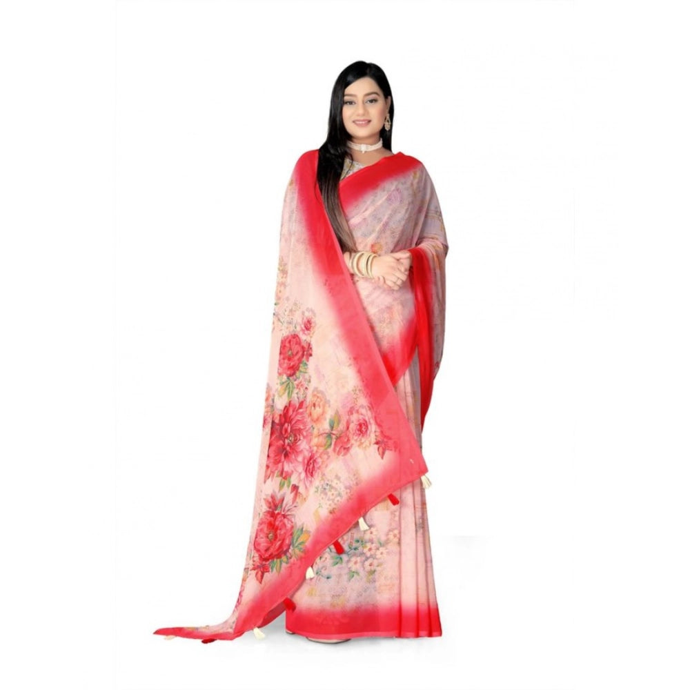 Amfyn Women's Georgette Floral Printed Saree With Unstitched Blouse 5.5Mtr (Red)