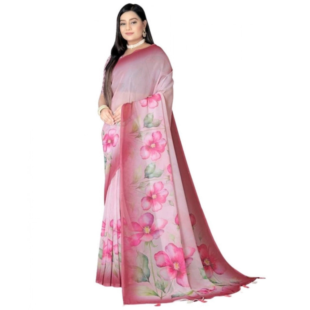 Amfyn Women's Georgette Floral Printed Saree With Unstitched Blouse 5.5Mtr (Rose Pink)