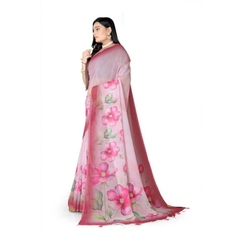 Amfyn Women's Georgette Floral Printed Saree With Unstitched Blouse 5.5Mtr (Rose Pink)