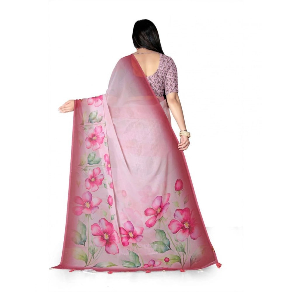 Amfyn Women's Georgette Floral Printed Saree With Unstitched Blouse 5.5Mtr (Rose Pink)