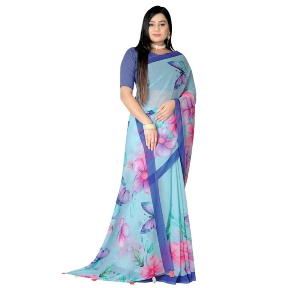 Amfyn Women's Georgette Floral Printed Saree With Unstitched Blouse 5.5Mtr (Blue)