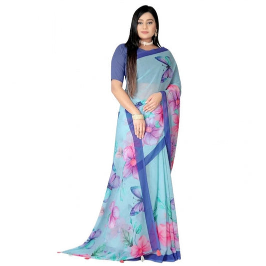 Amfyn Women's Georgette Floral Printed Saree With Unstitched Blouse 5.5Mtr (Blue)
