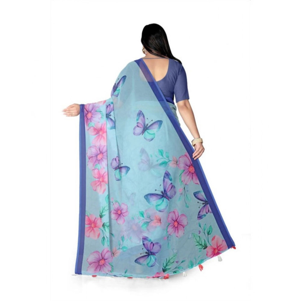 Amfyn Women's Georgette Floral Printed Saree With Unstitched Blouse 5.5Mtr (Blue)