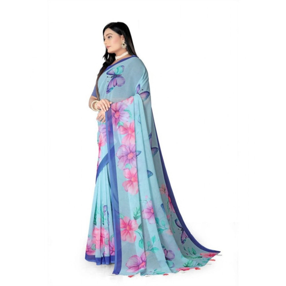 Amfyn Women's Georgette Floral Printed Saree With Unstitched Blouse 5.5Mtr (Blue)