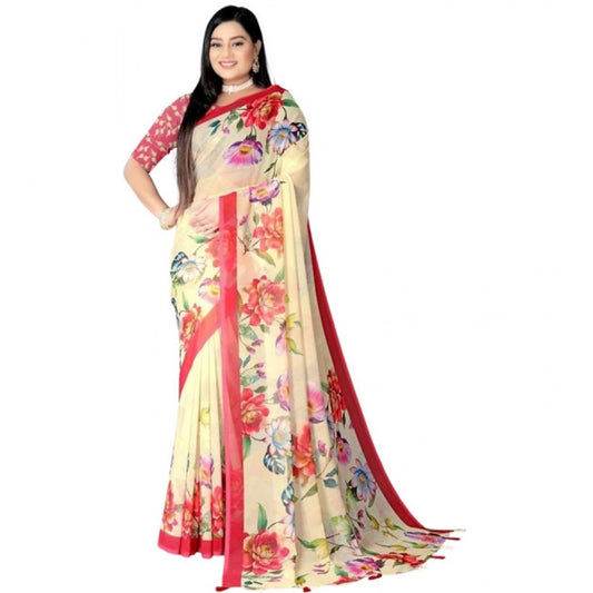 Amfyn Women's Georgette Floral Printed Saree With Unstitched Blouse 5.5Mtr (Yellow)