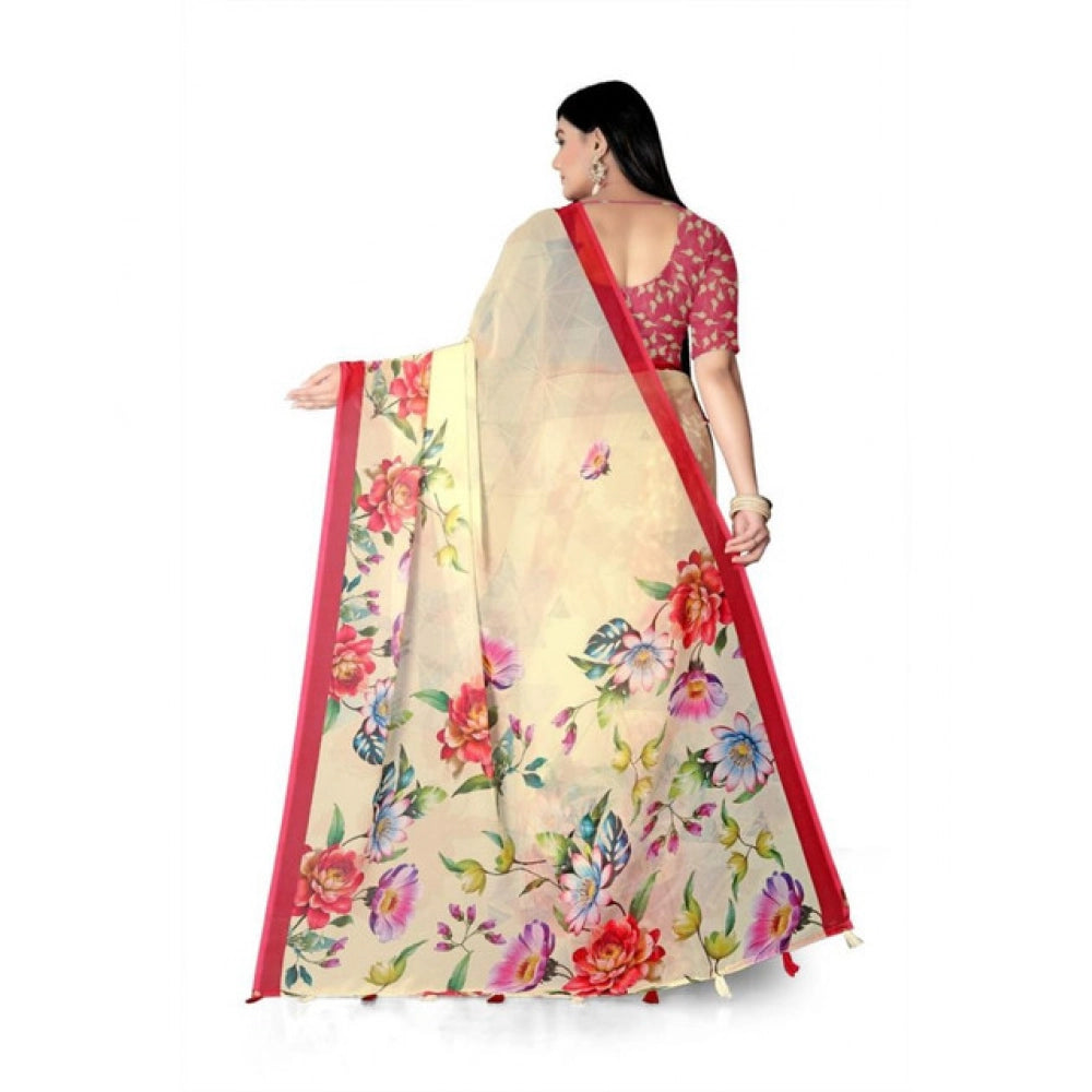 Amfyn Women's Georgette Floral Printed Saree With Unstitched Blouse 5.5Mtr (Yellow)